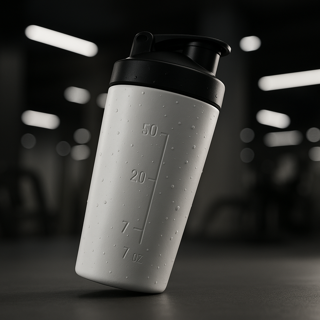 Premium stainless steel protein shaker on gym floor
