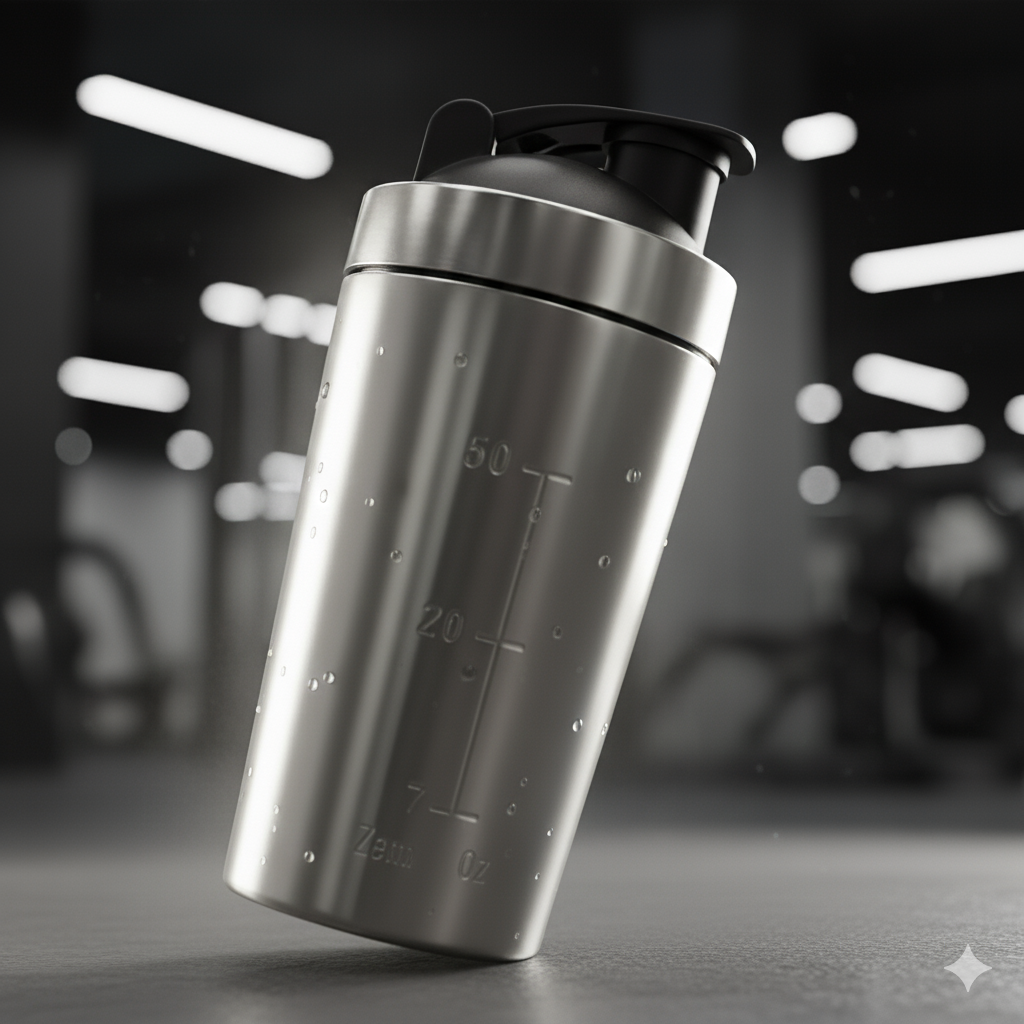 Premium stainless steel protein shaker on gym floor