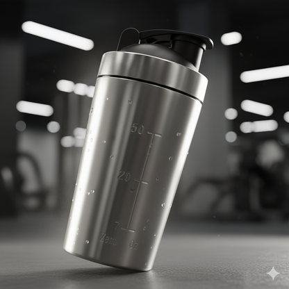 Premium stainless steel protein shaker on gym floor